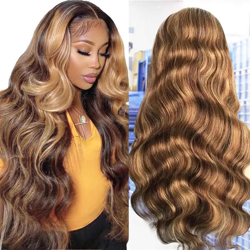 180% Density Ombre Highlight Body Wave Human Hair Wig | HD Transparent Lace Front