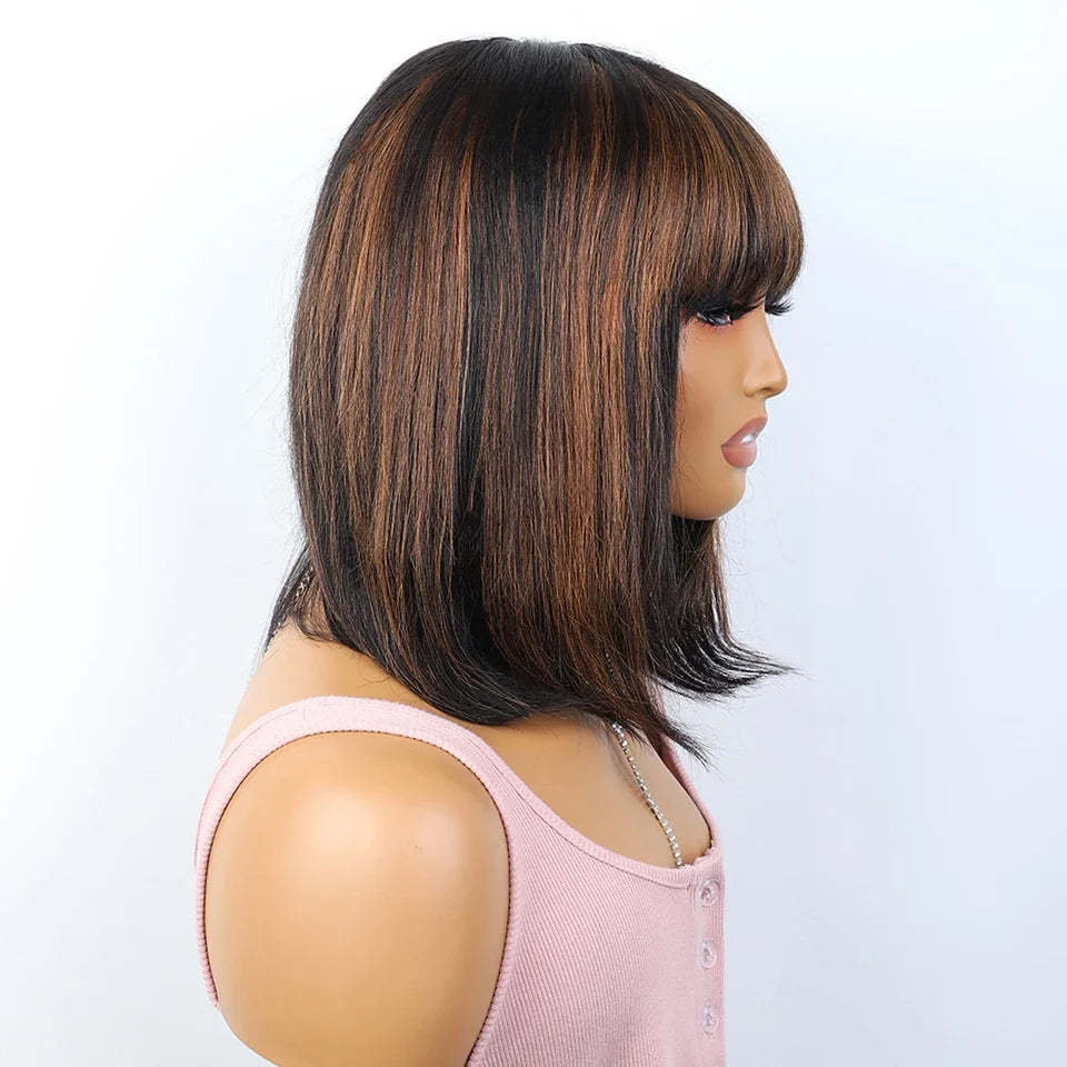 #27 Brown Straight Bob Wig with Bangs | Human Hair Lace Top & Realistic Scalp