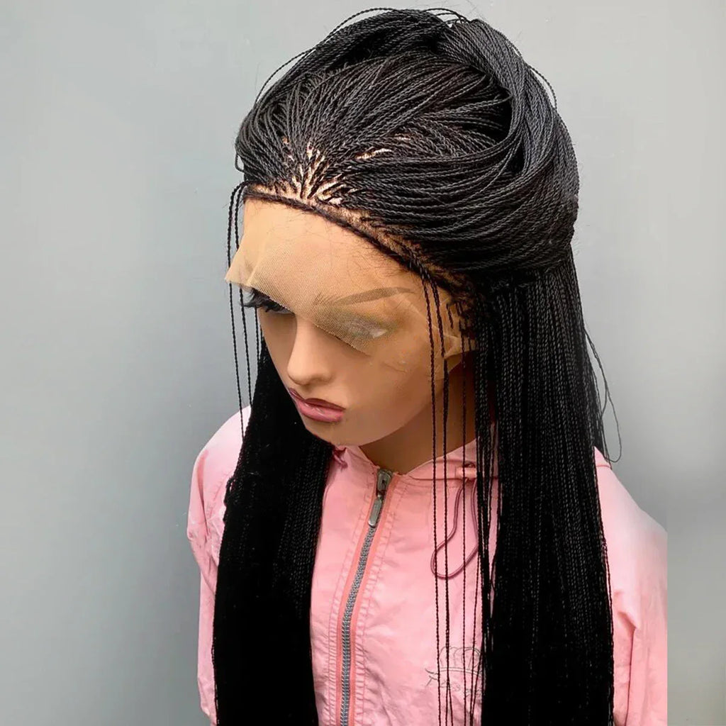 28" Micro Twist Braided Wig | 1B Black | Front Lace | Glueless | Petite Cap | For Black Women