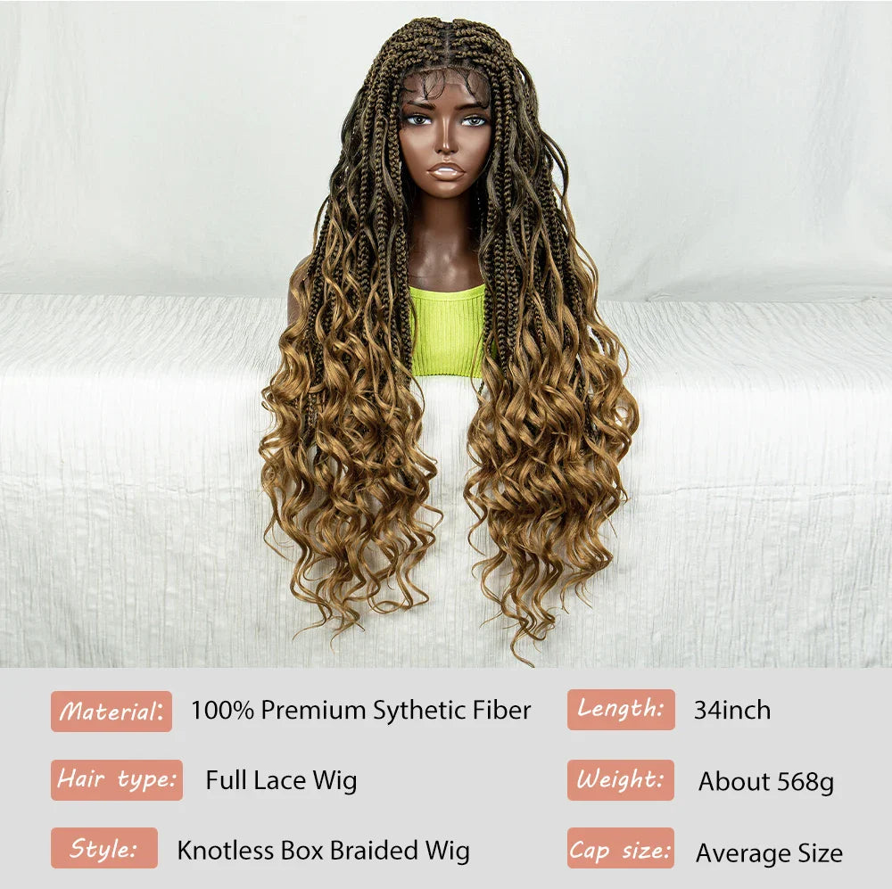 34" Natural Curly Knotless Box Braids Wig | Deep Wave Accents | Full Lace | Baby Hair