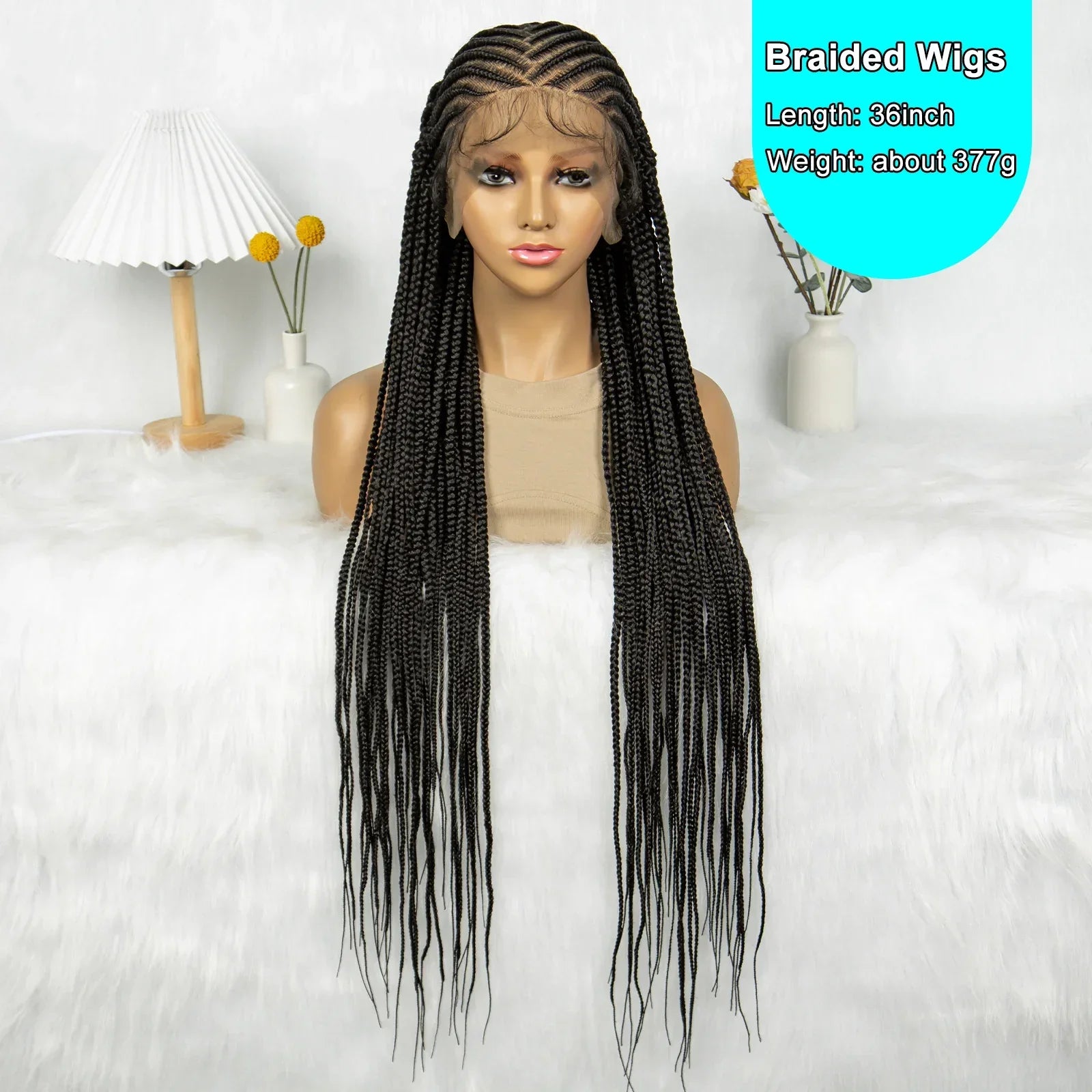 36" Cornrow Braided Full Lace Wig | Knotless Box Braids | Baby Hair | Synthetic Braiding Wig for Black Women
