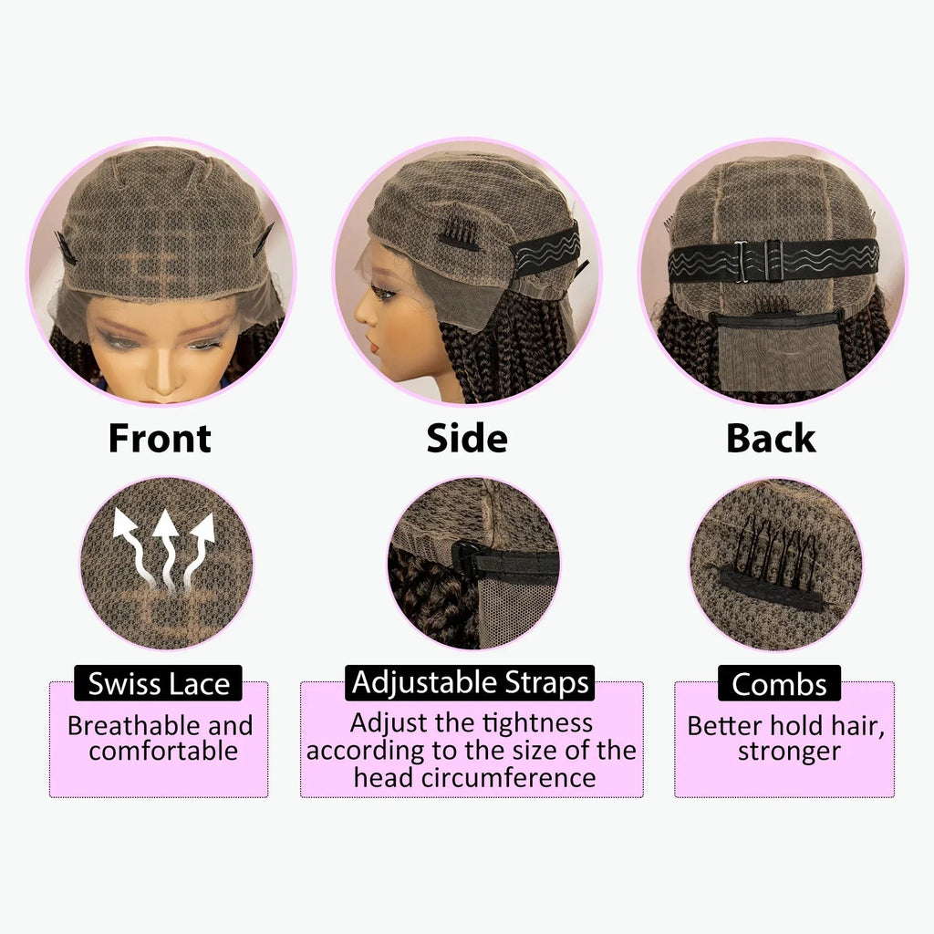 16" Short Brown Box Braided Full Lace Wig | Curly Ends | African Braids | Black Women