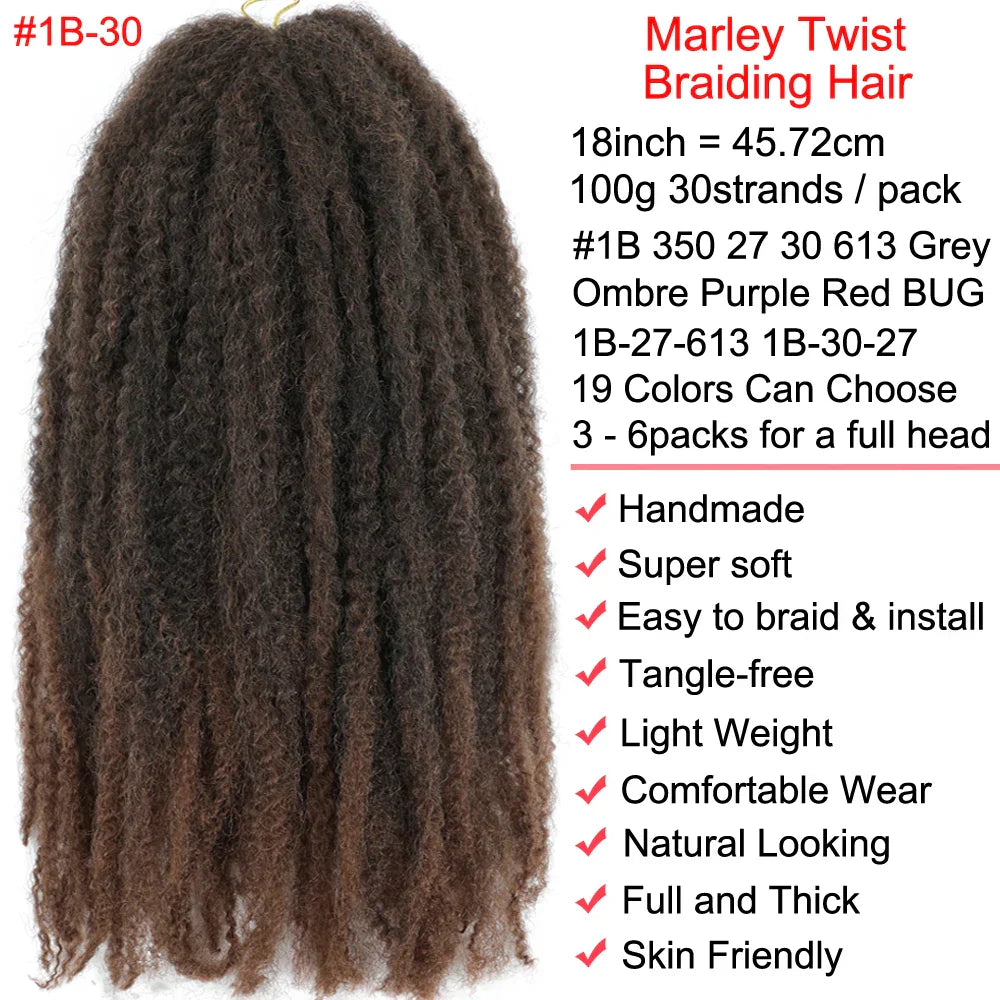 18" Marley Twist Braiding Hair | Crochet Braids | Afro Twist Kinky Hair Extensions | Ombre Colors | 30 Strands/Pack