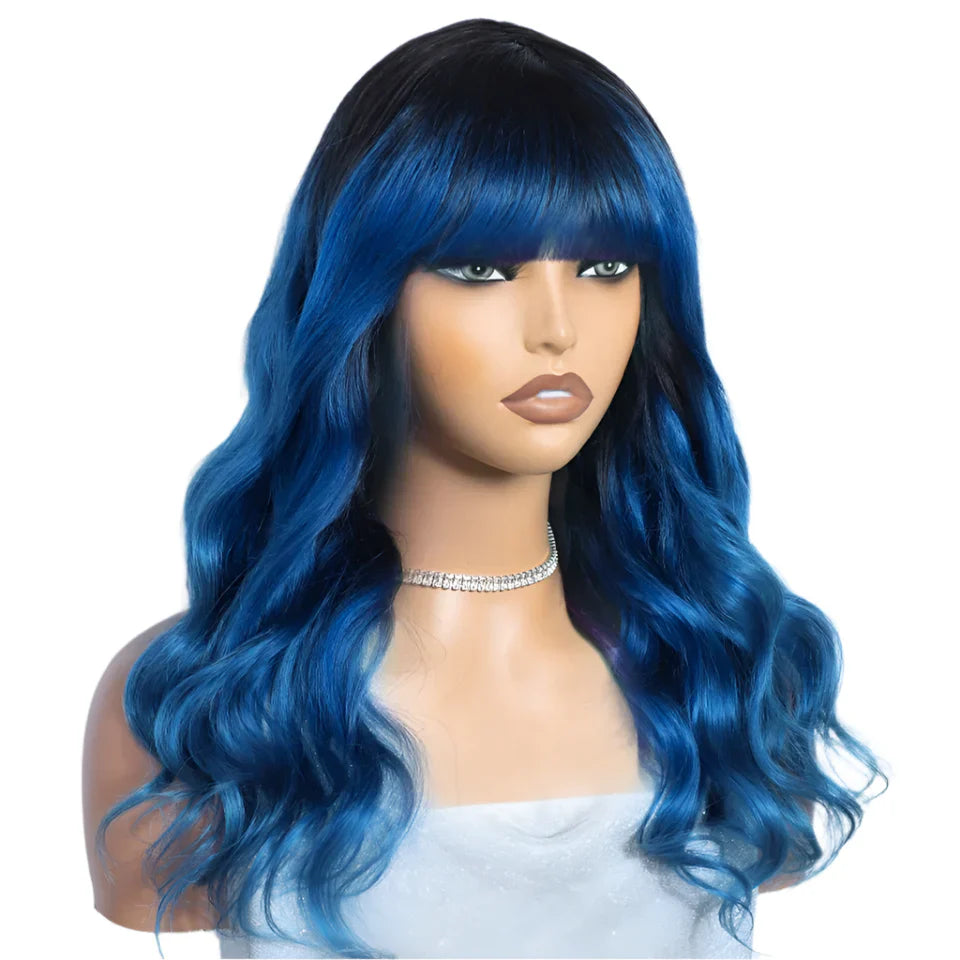 22" Body Wave Wig with Bangs | Full Machine Made Brazilian Virgin Remy Human Hair