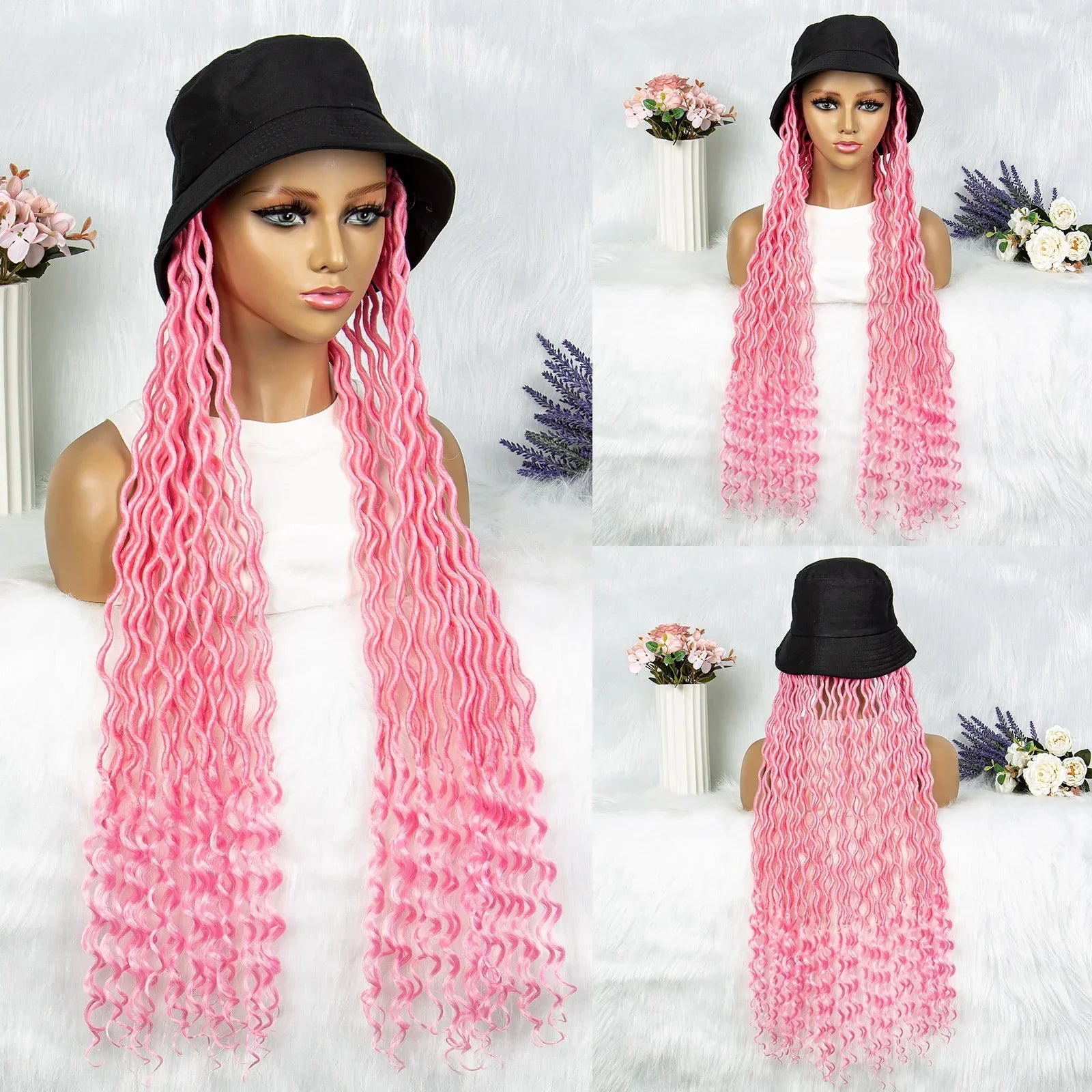 30" Crochet Afro Dreadlocks Bucket Hat Wig | Synthetic Braided Hair | Curly Ends | Black Women