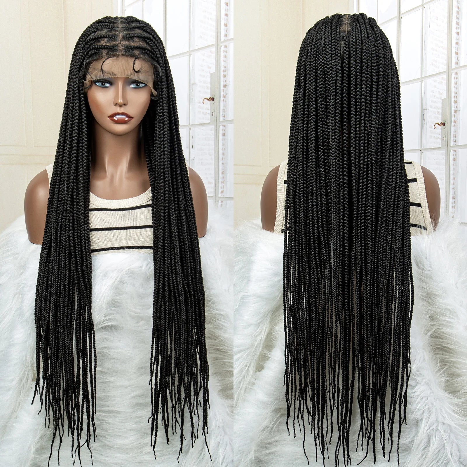 36" Long Knotless Braided Wig - Full Lace, Cornrow Accents, Baby Hair - For Black Women