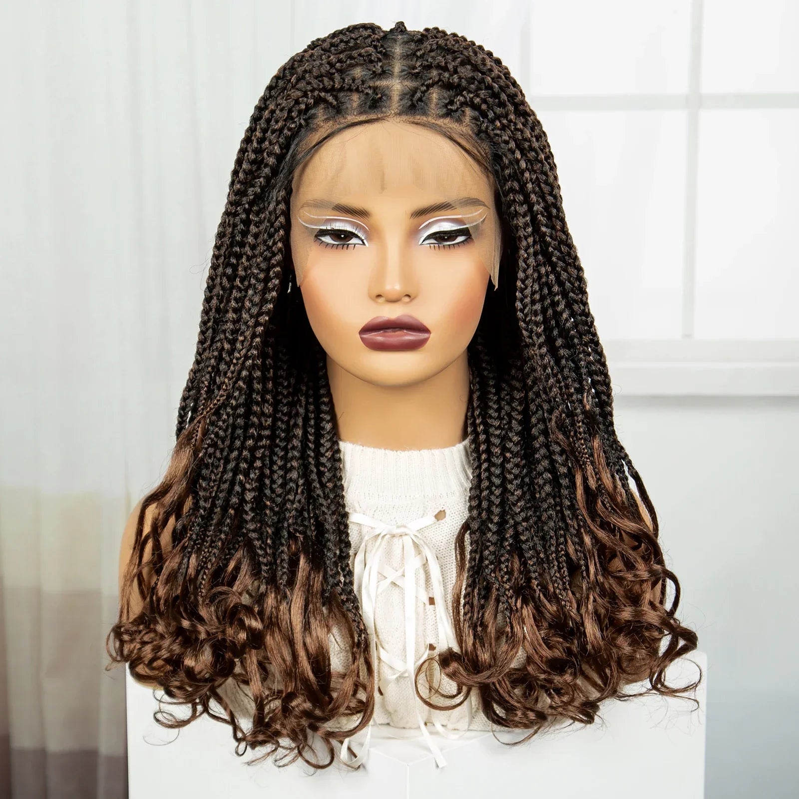 22" 1B/30 Ombre Knotless Braids Wig | Wavy Ends | Full Lace Boho Style