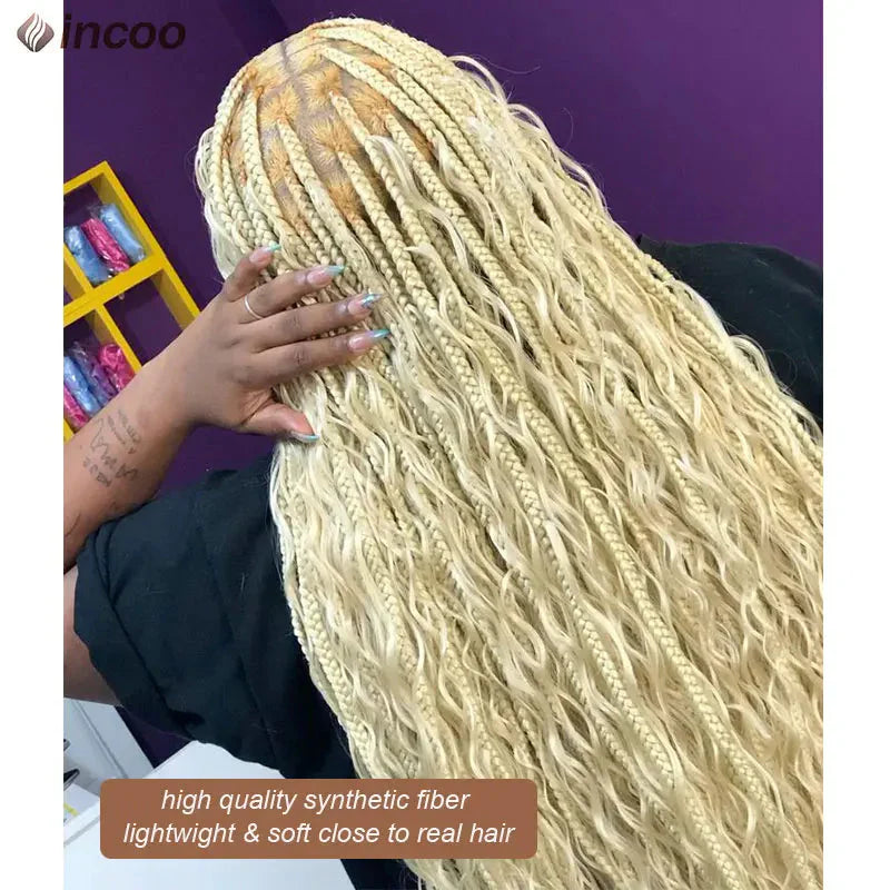 613 Blonde Boho Box Braids Wig | Curly Ends | Full Lace Front | Knotless Goddess Locs | Synthetic Braids