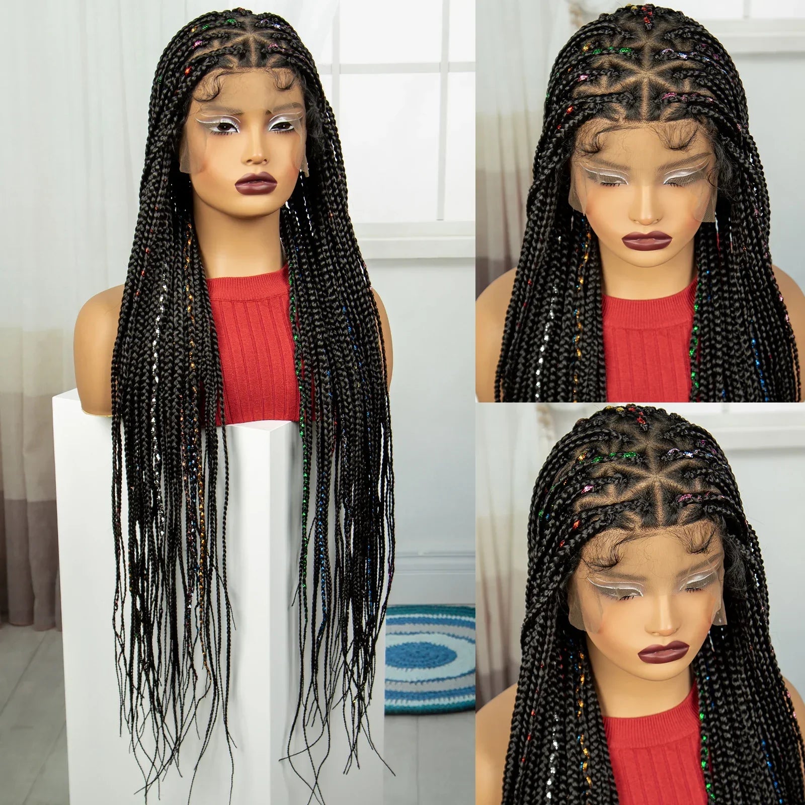 36" Knotless Box Braids Full Lace Wig | Colored Ribbons | Baby Hair | Long Synthetic Braids