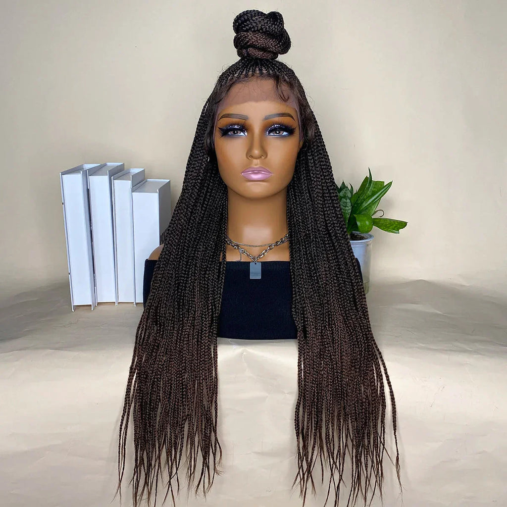 30" Bun Box Braid Lace Front Wig | 13x7" Cornrow Braids | Brown Synthetic Wig | Black Women