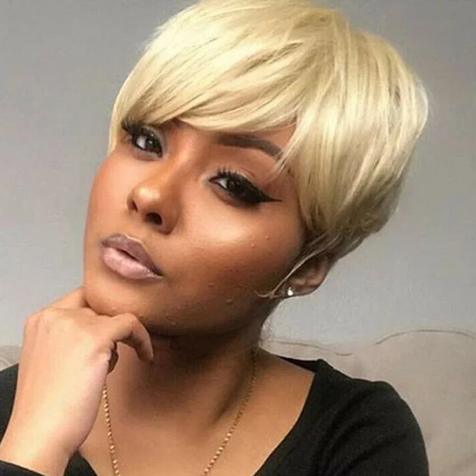 613 Honey Blonde Pixie Cut Straight Wig with Bangs | Glueless Peruvian Remy Human Hair