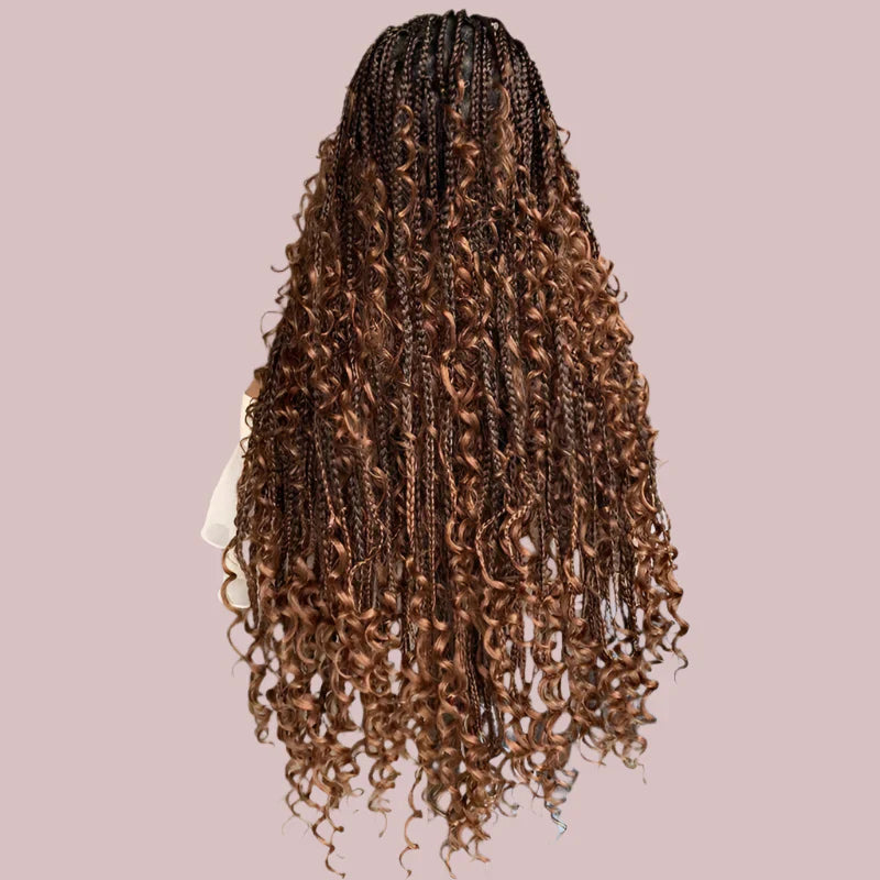 22" Curly End Box Braided Full Lace Front Wig | Goddess Locs | Bohemian Braids | Synthetic Wig