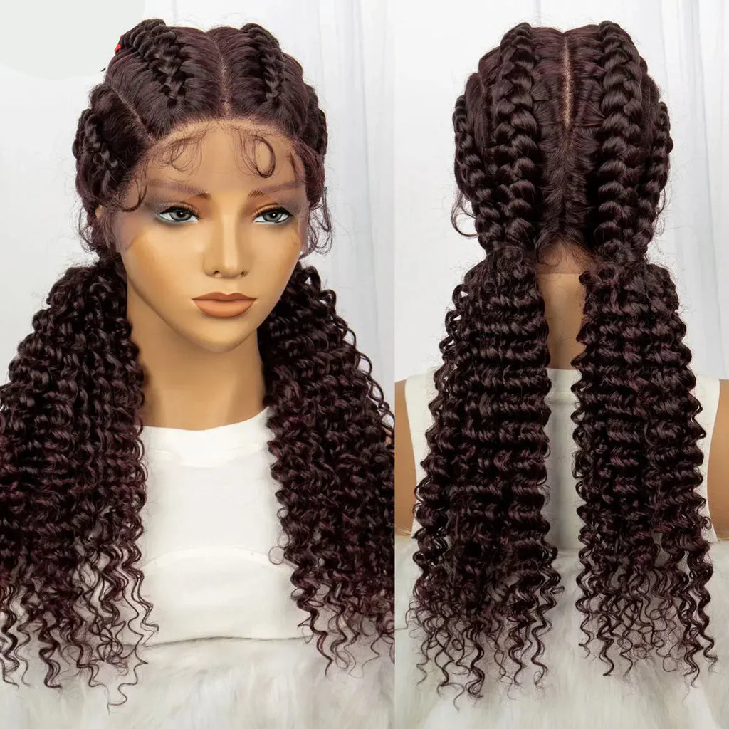 22" Box Braids Full Lace Wig | Two Curly Ponytails | Baby Hair | Synthetic Braided Wig