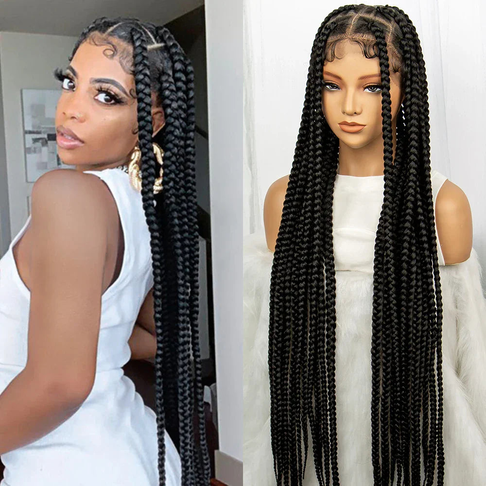 34" Knotless Box Braids Full Lace Wig | Long Black Synthetic Braids | Transparent Lace