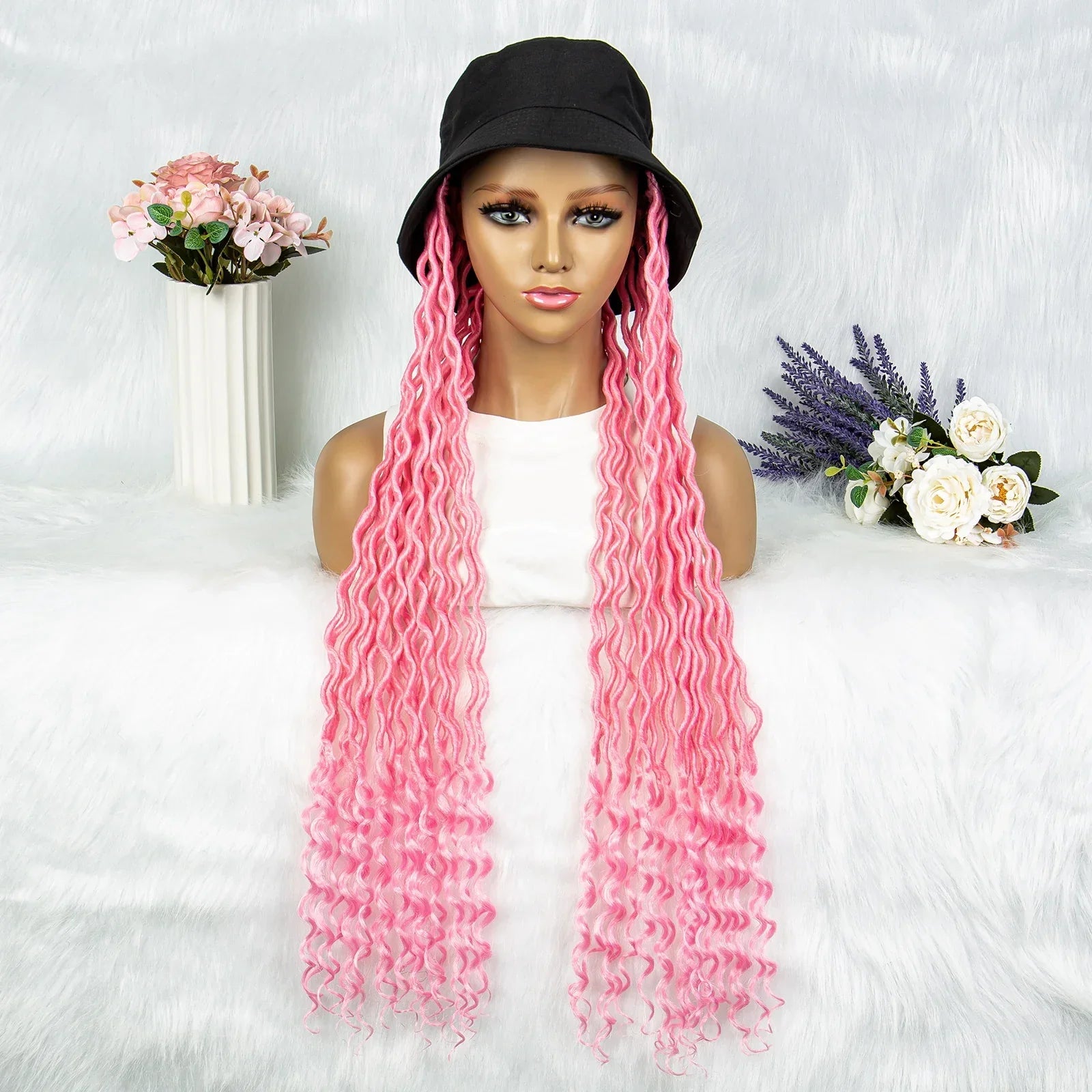 30" Crochet Afro Dreadlocks Bucket Hat Wig | Synthetic Braided Hair | Curly Ends | Black Women