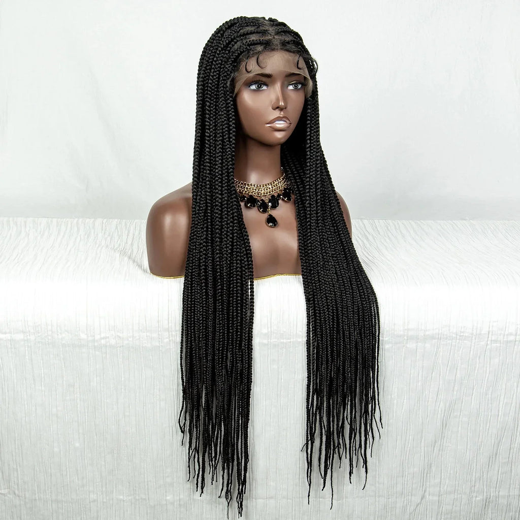 36" Full Lace Box Braided Cornrow Wig | Long Straight Braids | Baby Hair | Synthetic Afro Braiding Wig