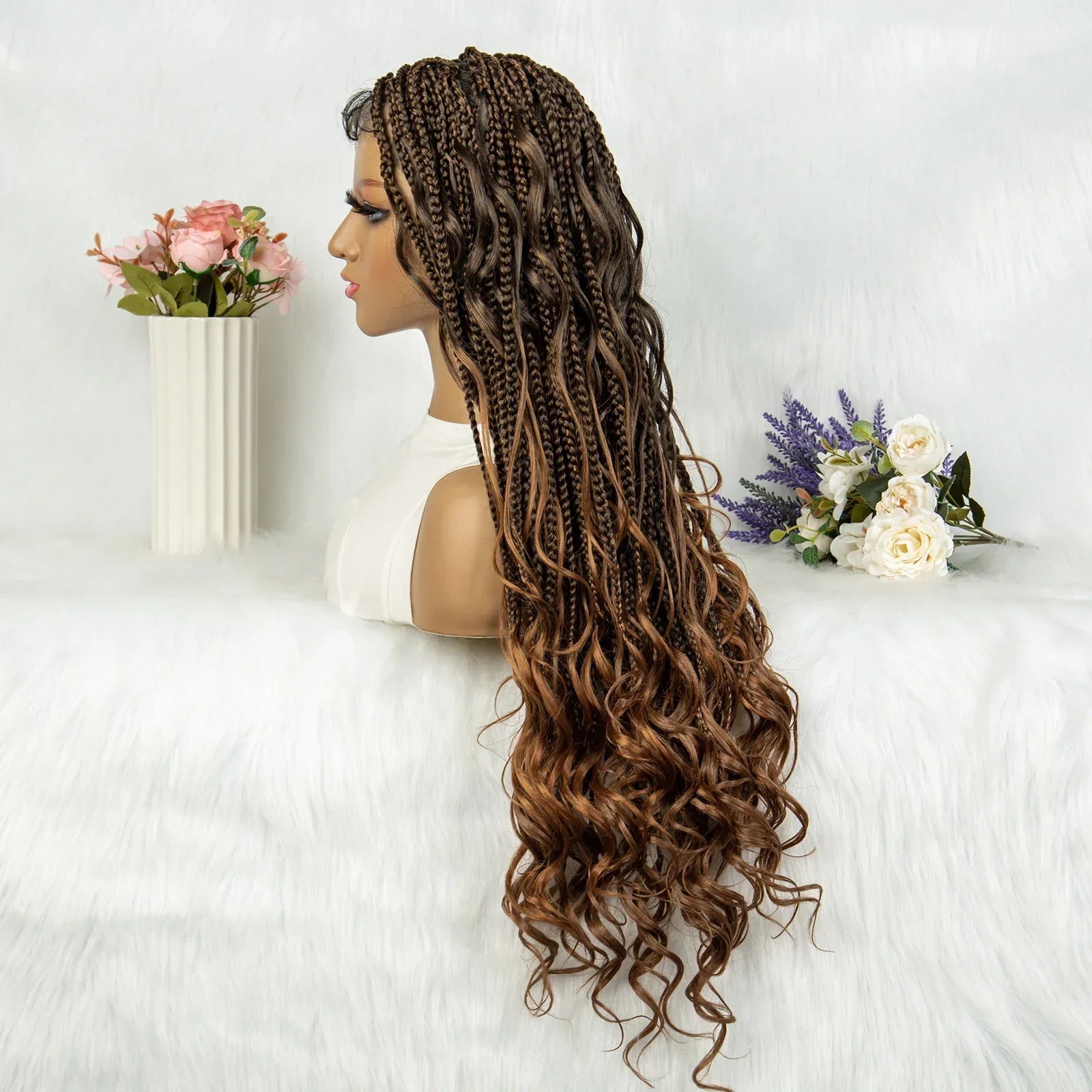 34" Full Lace Knotless Braided Wig with Baby Hair | Synthetic Lace Front Wig for Black Women | Long Braids