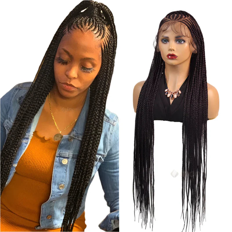 36" Full Lace Afro Cornrow Braided Wig | Knotless Box Braids & Baby Hair | Handmade Synthetic Wig for Black Women