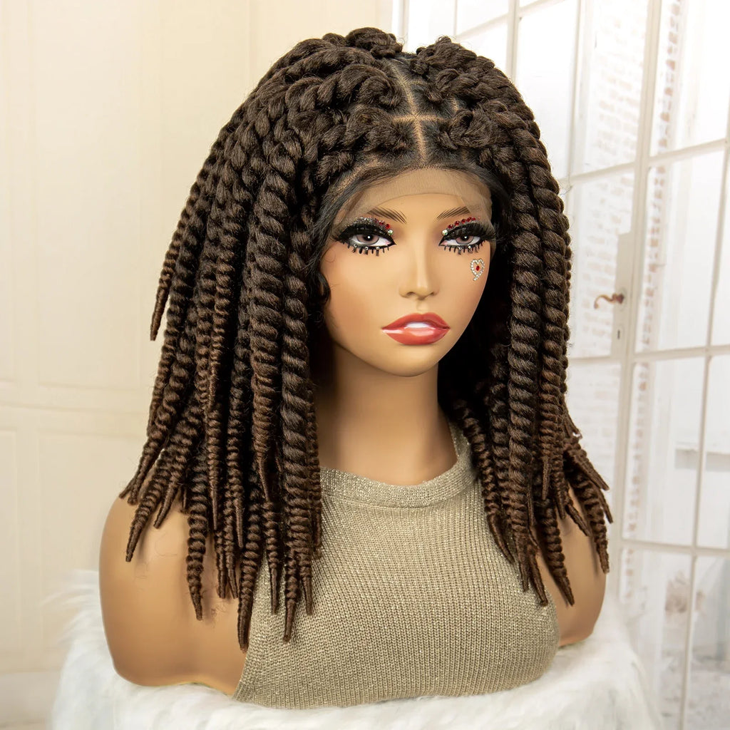 16 Inch Brown Twisted Braided Bob Wig | Full Lace | Kanekalon Fiber | For Black Women