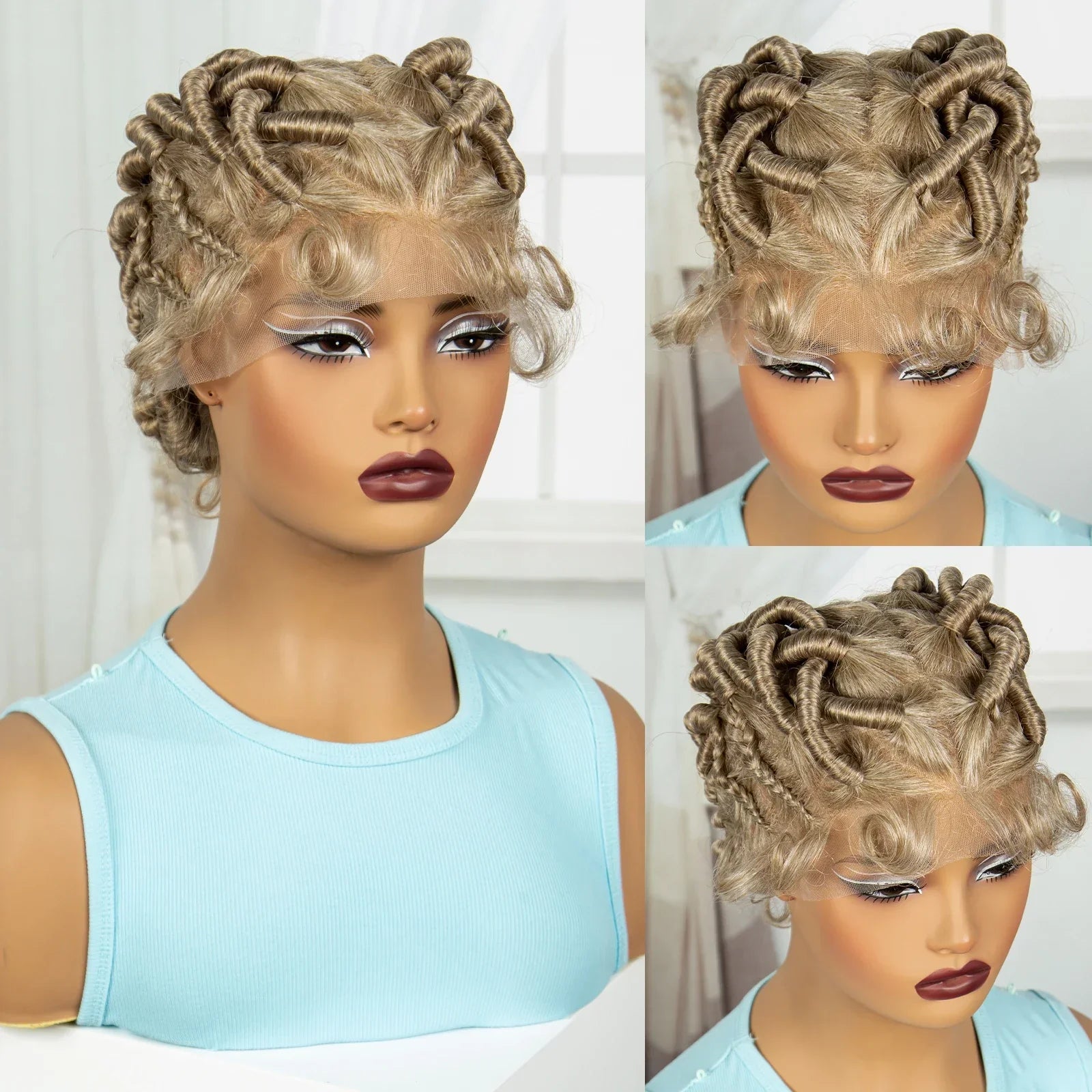 613 Blonde Short Handmade Bantu Knotless Braids Wig | Full Lace