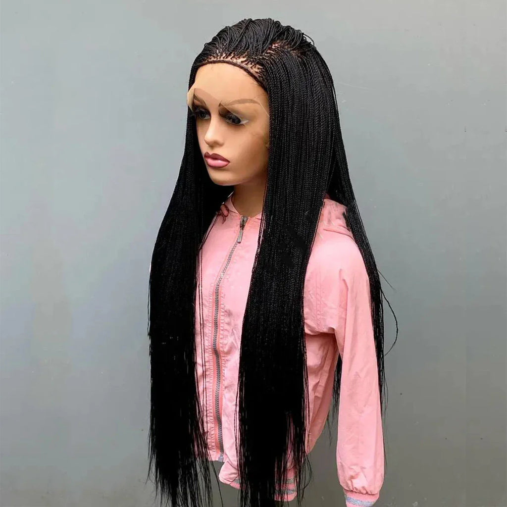 28" Micro Twist Braided Wig | 1B Black | Front Lace | Glueless | Petite Cap | For Black Women