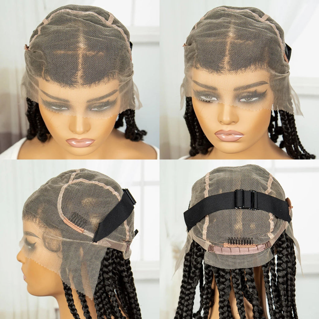 14" Short Braided Wig with Curly Ends | Knotless Box Braids | Full Lace Synthetic Wig for Black Women | Transparent Lace