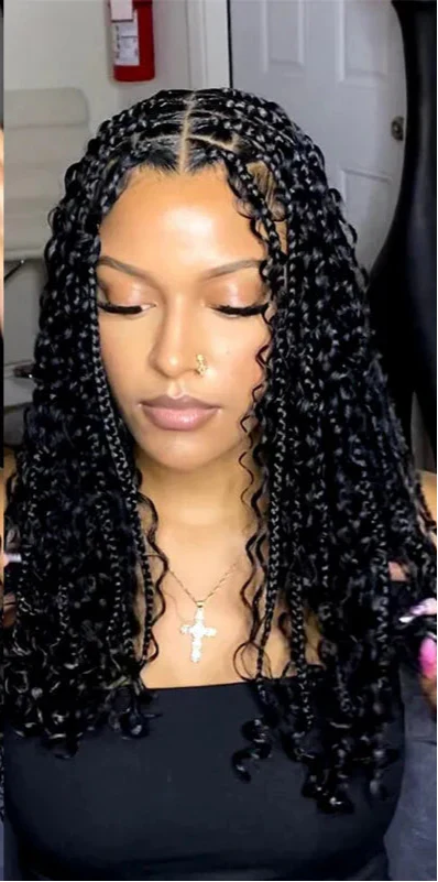 12" Short Bob Boho Braided Wig | 360 Full Lace Front | Goddess Box Braids & Curly Hair | Knotless Cornrow Wig