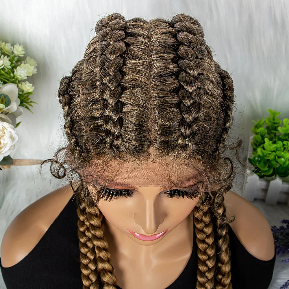 36" 27/613 Blonde Cornrow Braided Wig | Lace Frontal Box Braids | Synthetic Wig with Baby Hair for Black Women