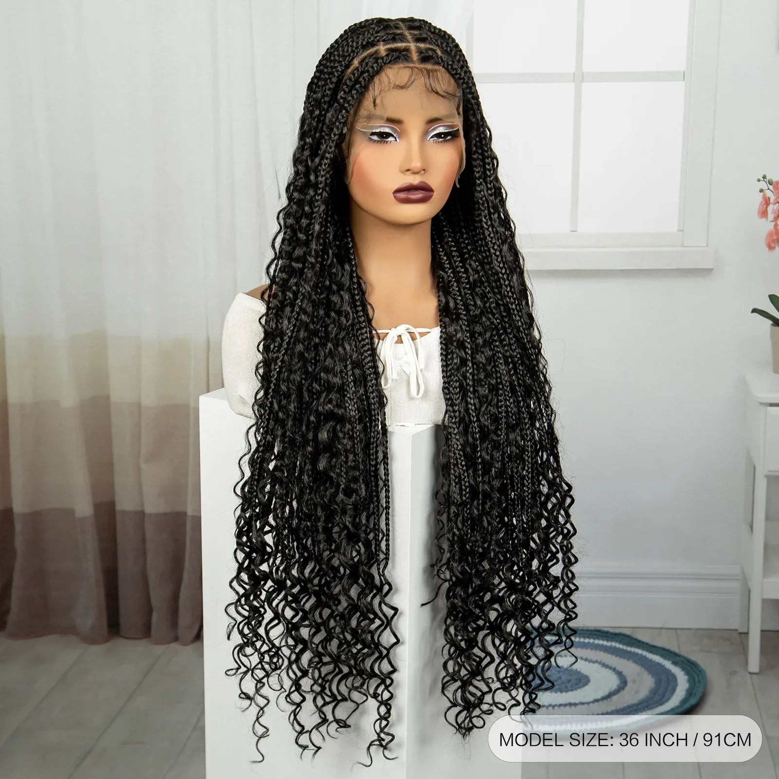 36" Boho Knotless Box Braids Wig with Curly Ends | Full Lace | Baby Hair