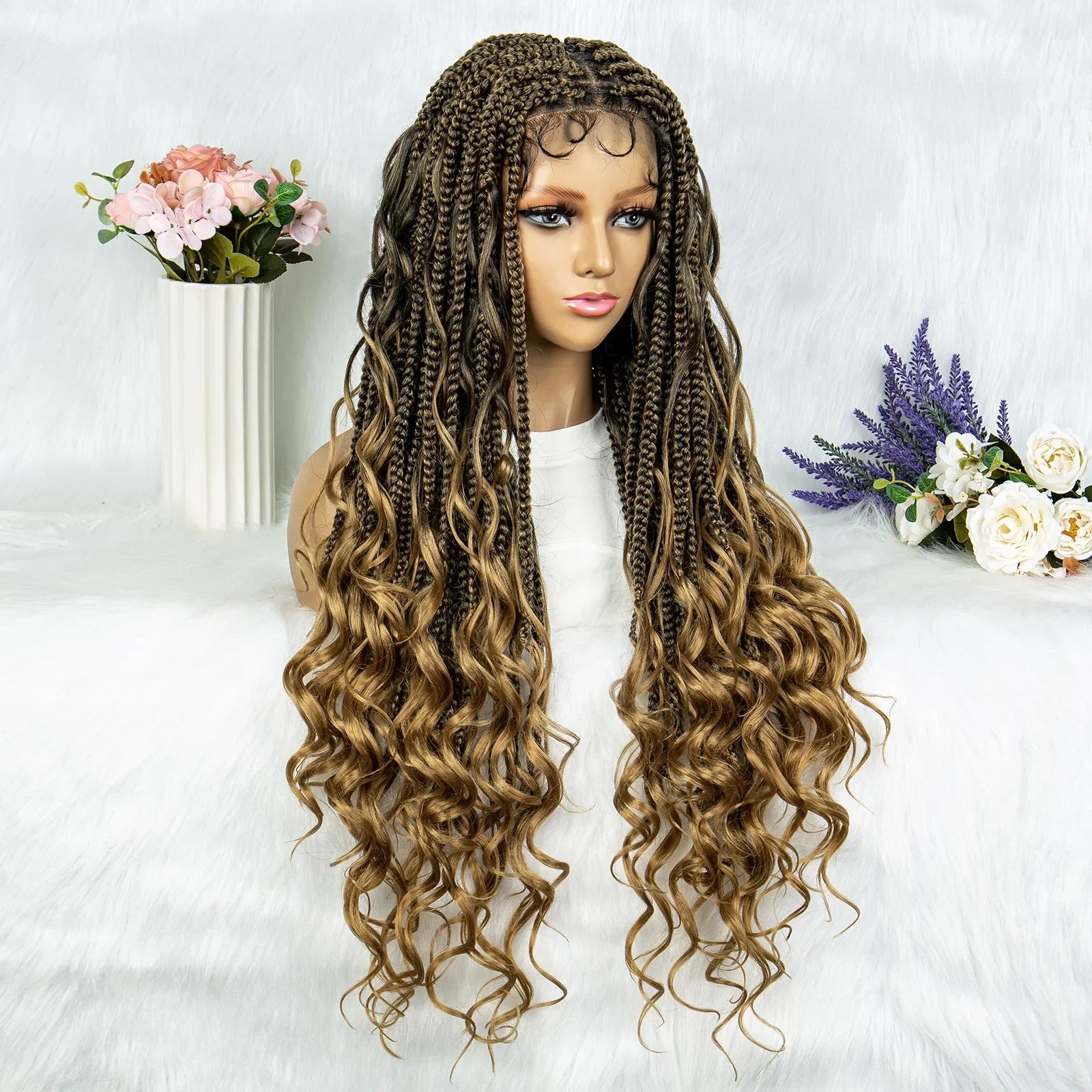 34" Full Lace Knotless Braided Wig with Baby Hair | Synthetic Lace Front Wig for Black Women | Long Braids