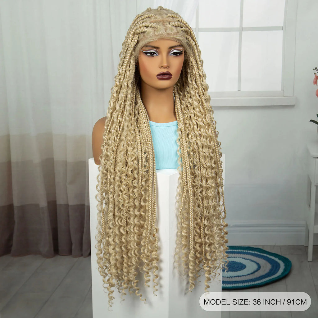 36 Inch Boho Knotless Box Braids Full Lace Wig | Transparent Lace Synthetic Braided Wig with Curly Ends