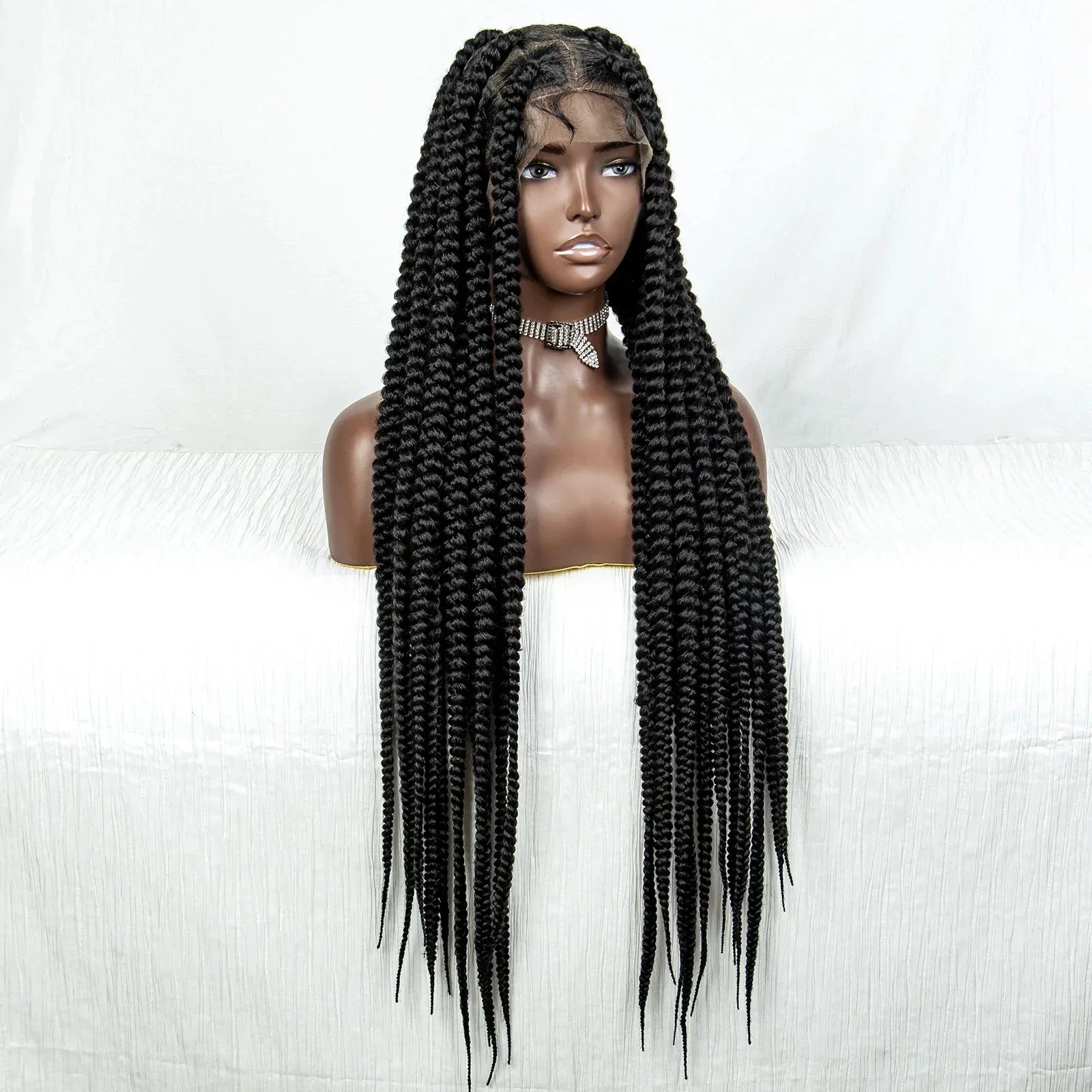 34" Jumbo Box Braids Wig | Full Lace | Cornrow Accents | Natural Color | Kanekalon