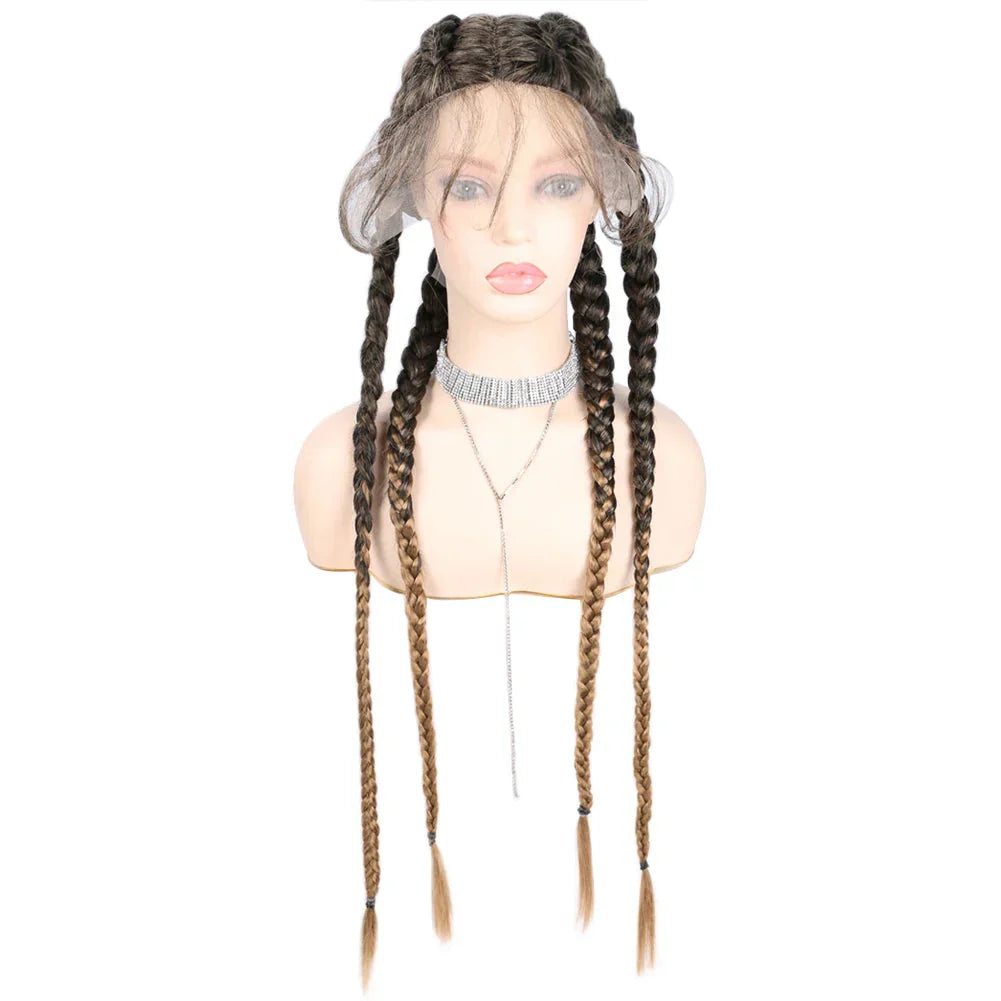 32" Hand-Made Knotless Box Braided Lace Front Wig | French Braid | Baby Hair | Glueless Synthetic Wig