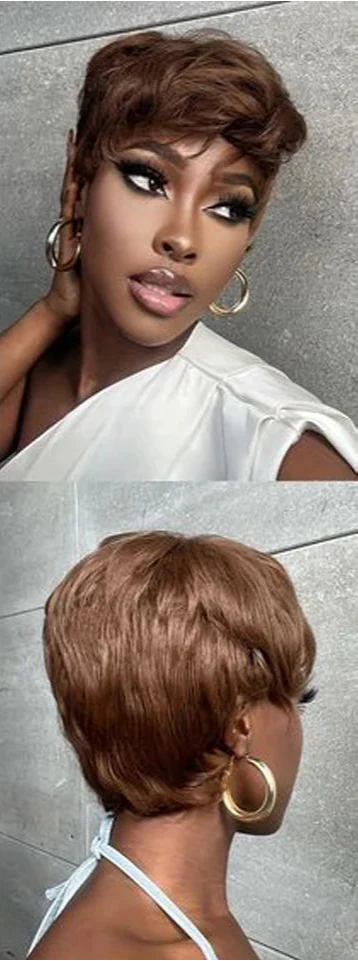 #4 Brown Pixie Short Cut Wig with Bangs | Straight Human Hair Full Machine Made