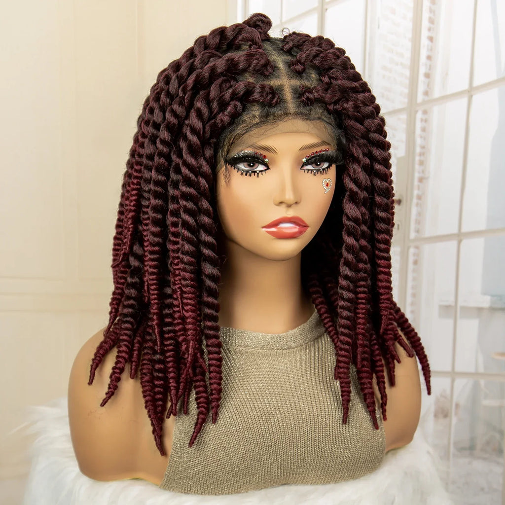 16 Inch Brown Twisted Braided Bob Wig | Full Lace | Kanekalon Fiber | For Black Women