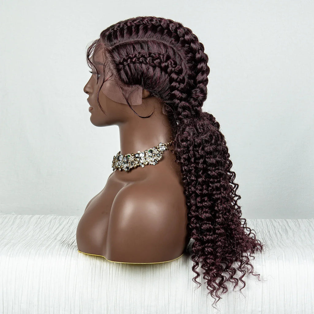 22" Box Braids Full Lace Wig | Two Curly Ponytails | Baby Hair | Synthetic Braided Wig