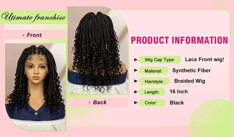 16" Short Brown Box Braided Full Lace Wig | Curly Ends | African Braids | Black Women