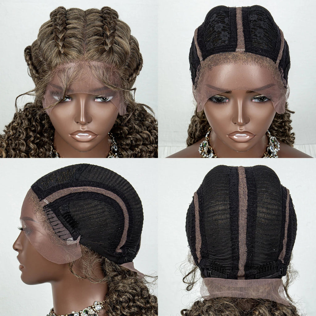 22" Box Braids Full Lace Wig | Two Curly Ponytails | Baby Hair | Synthetic Braided Wig