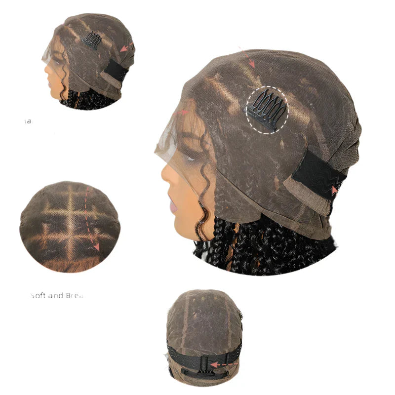 2" Boho Knotless Braided Bob Wig | 360 Full Lace Curly Ends | Goddess Box Braids | Pre-Plucked Baby Hair