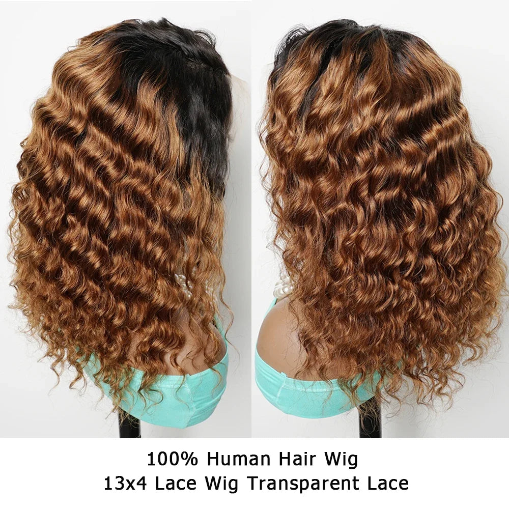 250% Density Ombre Ginger Brown Loose Deep Curly Wig | 13x4 Transparent Lace Front Human Hair