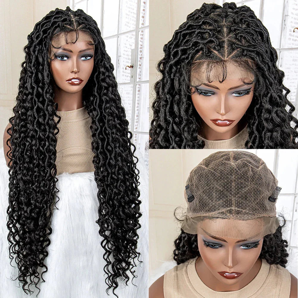 36" Knotless Dreadlock Braided Full Lace Wig | Curly Ends | Synthetic Locs Braids | Black Women