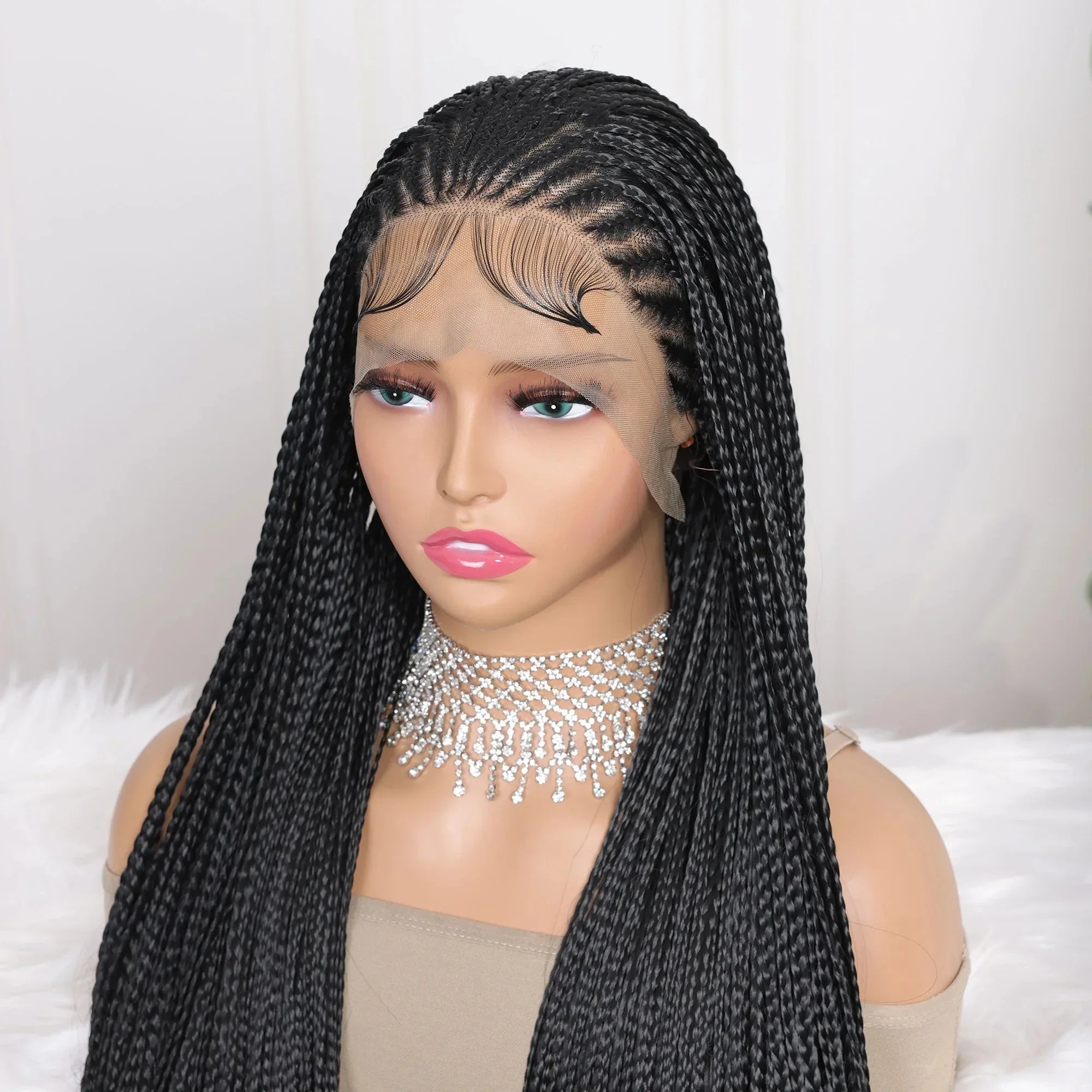 13x4 Goddess Faux Locs Braided Wig | Knotless Twist Box Braids | Long Synthetic Lace Front | Bleached Knots