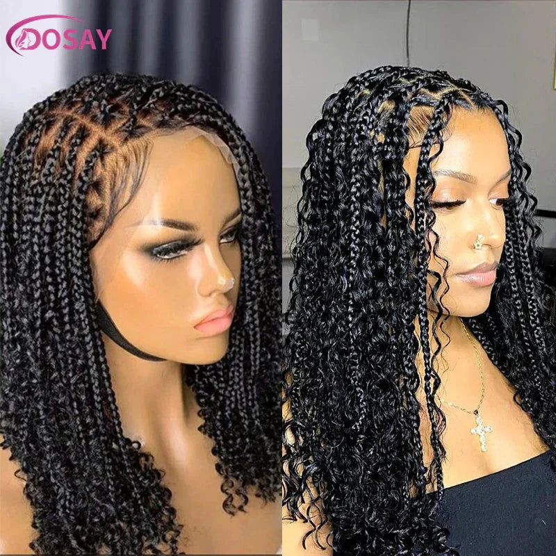 12" Curly Boho Braids Bob Wig | 360 Full Lace | Knotless Box Braids | Baby Hair