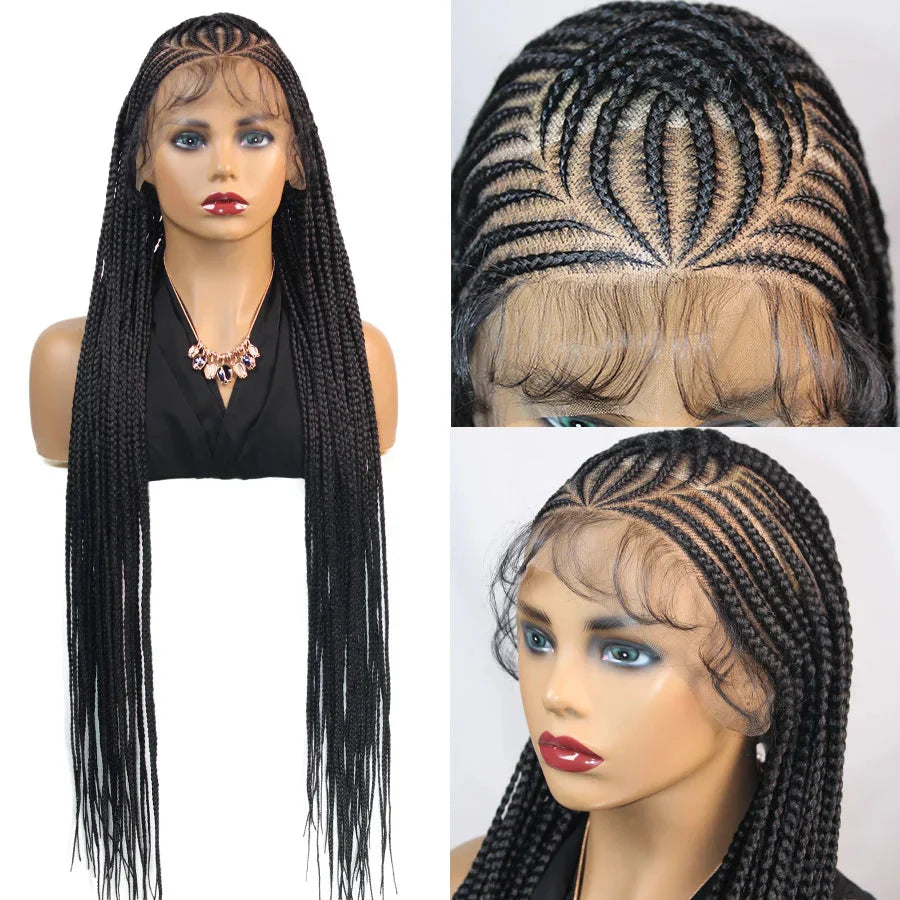 36" Knotless Box Braids Wig | Fulani Cornrows | 360 Full Lace | Baby Hair | Black Women