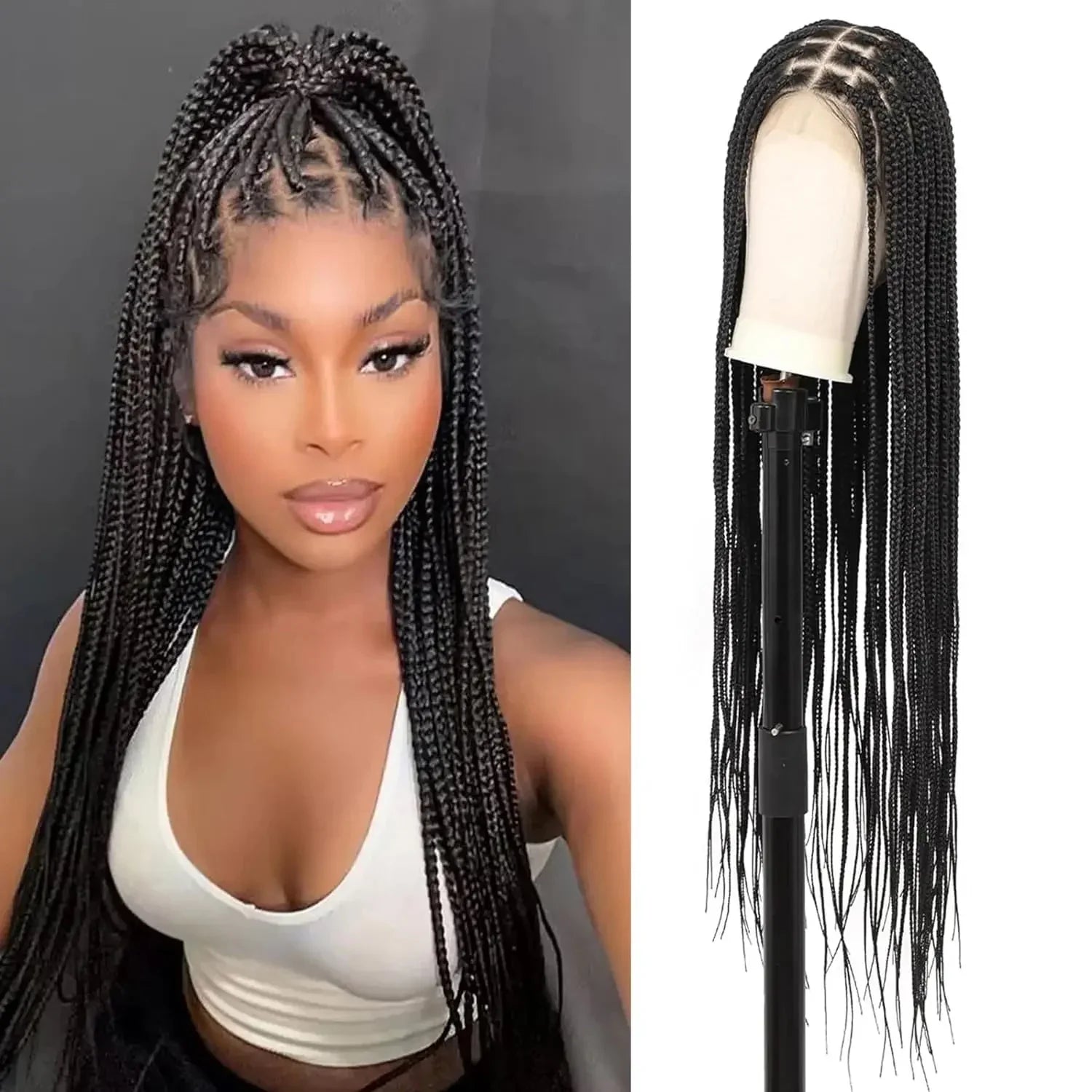 36" Knotless Box Braided Lace Front Wig | Baby Hair | Synthetic Braids for Black Women