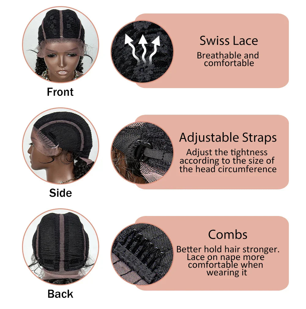 22" Box Braids Full Lace Wig | Two Curly Ponytails | Baby Hair | Synthetic Braided Wig