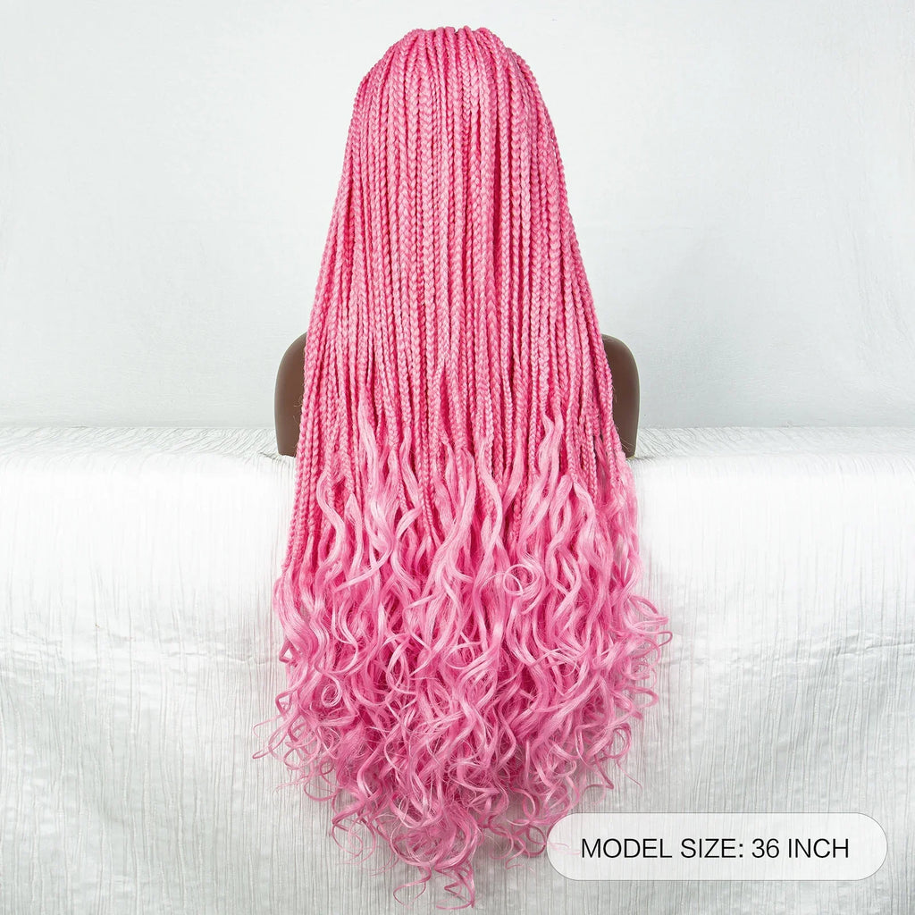 36" Pink & 613 Blonde Braided Wig | Water Wave Ends | Lace Front | Baby Hair