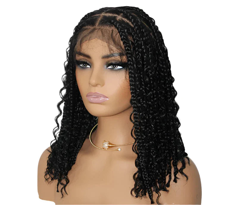 12" Bohemian Cornrow & Knotless Box Braids Bob Wig | Curly Goddess Ends | Full Lace Front