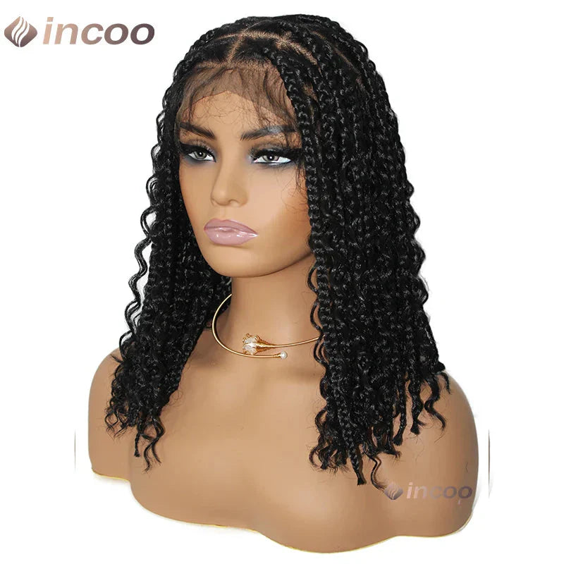 12" Boho Bob Braided Wig | Goddess Knotless Braids | 360 Full Lace | Curly Ends | Baby Hair