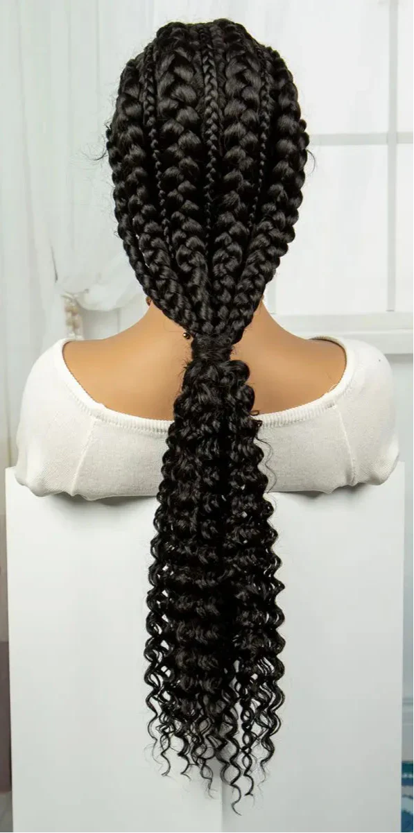 28" Burgundy Knotless Braids Wig with Curly Ends | Lace Front | Baby Hair